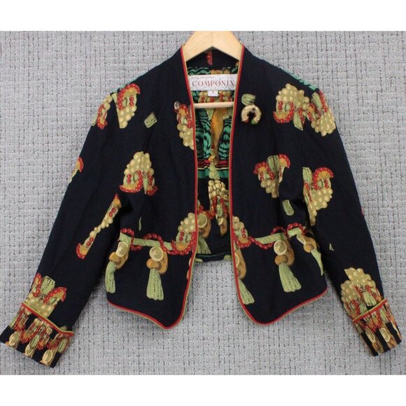 Vintage Componix Jacket Women Size 8 Black All Over Print Cropped Open Front 90s - Picture 1 of 9